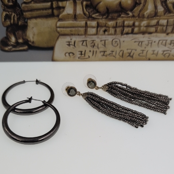 Chic Gunmetal Earring Duo: Classic Hoops & Statement Tassels | Versatile Set - Picture 1 of 4